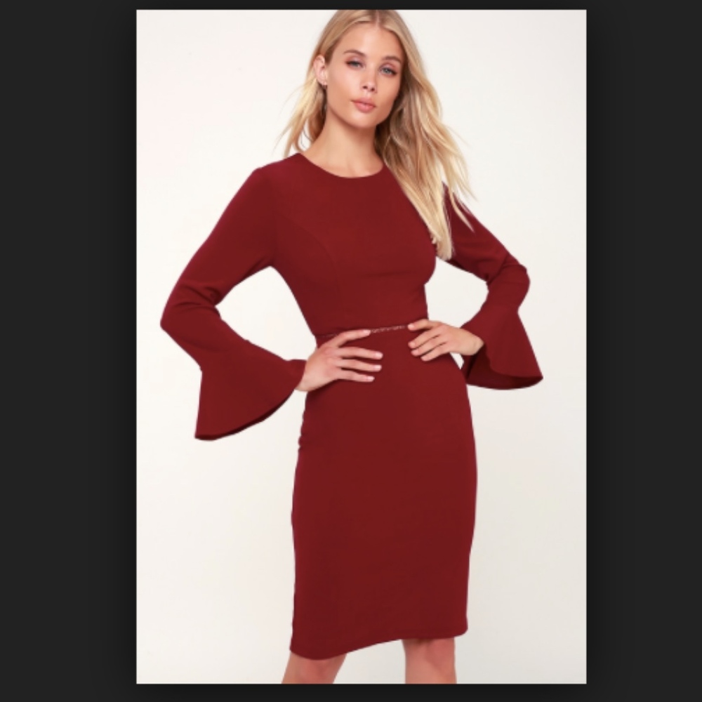 Lulu's Alayna Wine Red Flounce Sleeve Midi Dress